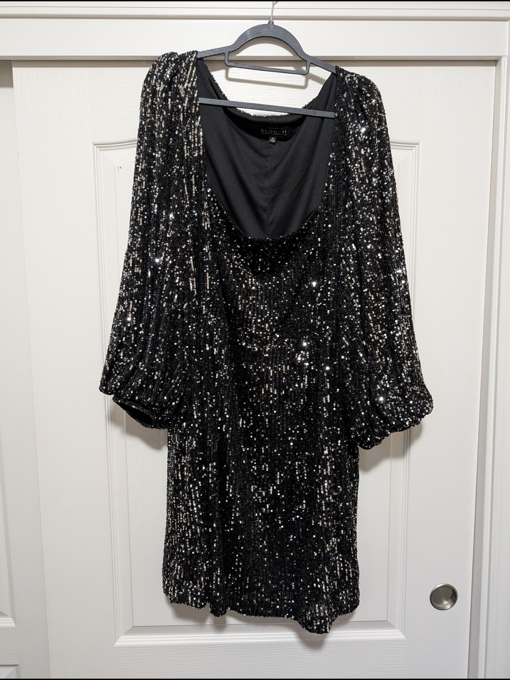 Eloquii Black Sequin Mini Dress with Balloon Sleeves